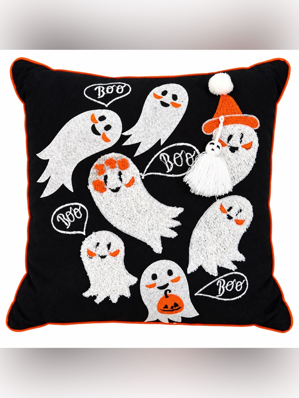 Kohl’s Halloween Ghost Boo Embroidered Throw Pillow 16x16 Black Orange